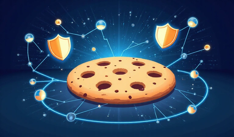 Illustrazione di un biscotto digitale con icone di protezione della privacy