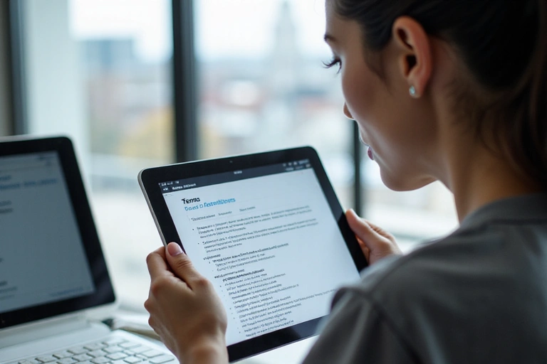 Persona che legge un documento digitale su un tablet, simbolo di accordo e conformità.
